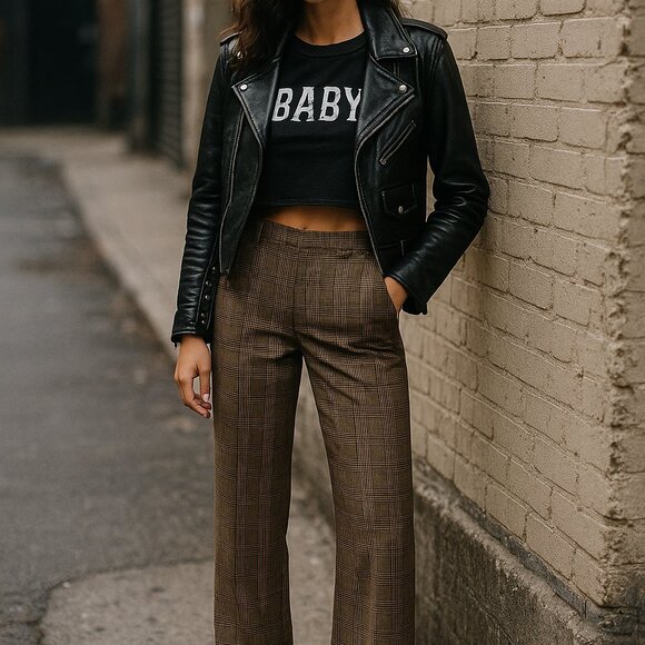 Fox Brown Check Pants Size 5 – Y2K Plaid Trousers w/ Pink Button Detail - Picture 2 of 12